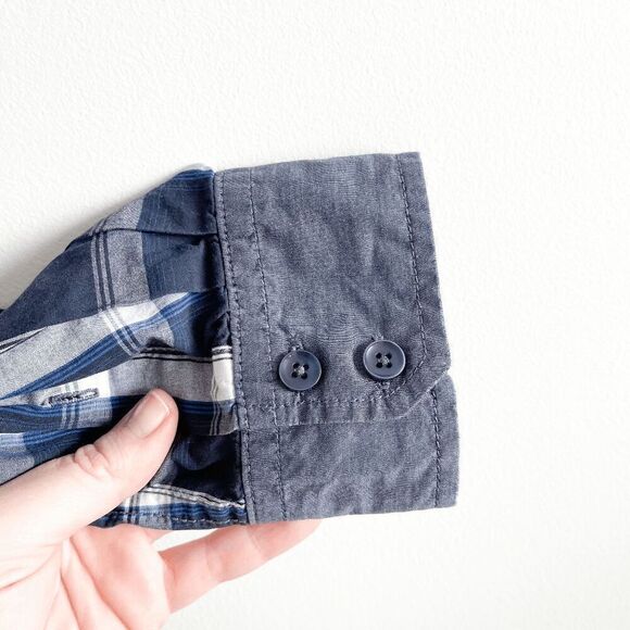 Desigual Mens Long Sleeve Button-Down Shirt Plaid Geometric Blue White Large - Picture 3 of 7